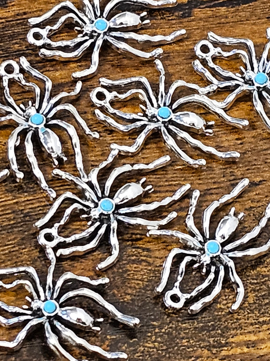 🕷️ Silver Tone Spider Charms with Blue Centre for Jewellery Making - 8 Pack