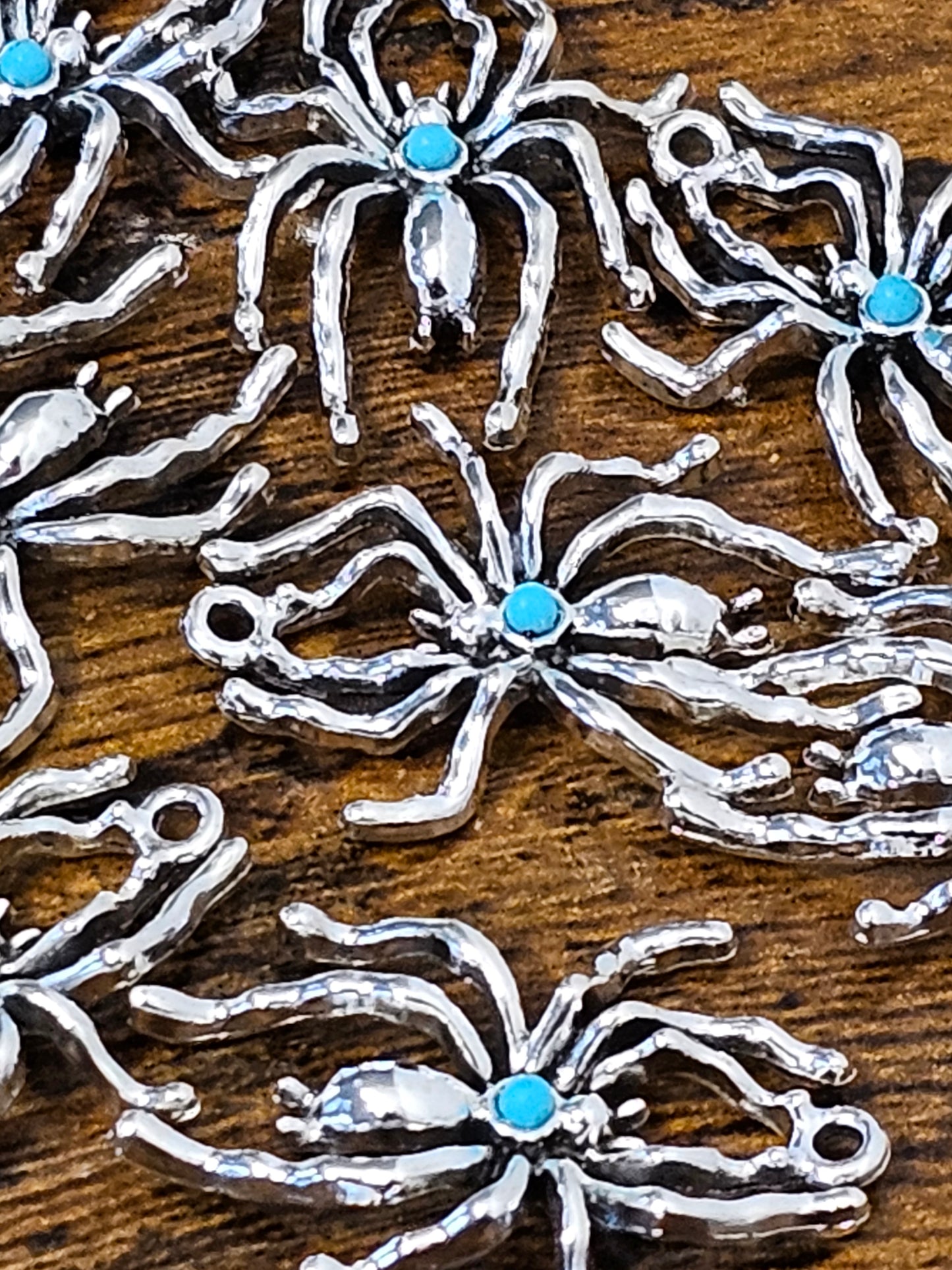 🕷️ Silver Tone Spider Charms with Blue Centre for Jewellery Making - 8 Pack